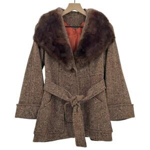 Vintage 60s Tweed Wool Fur Collar Coat Bell Sleeves Belted Waist Brown | S/M